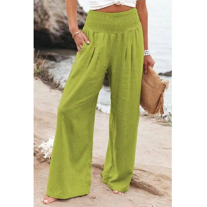 Women's wide leg casual pants in cotton linen blend, available in multiple colors