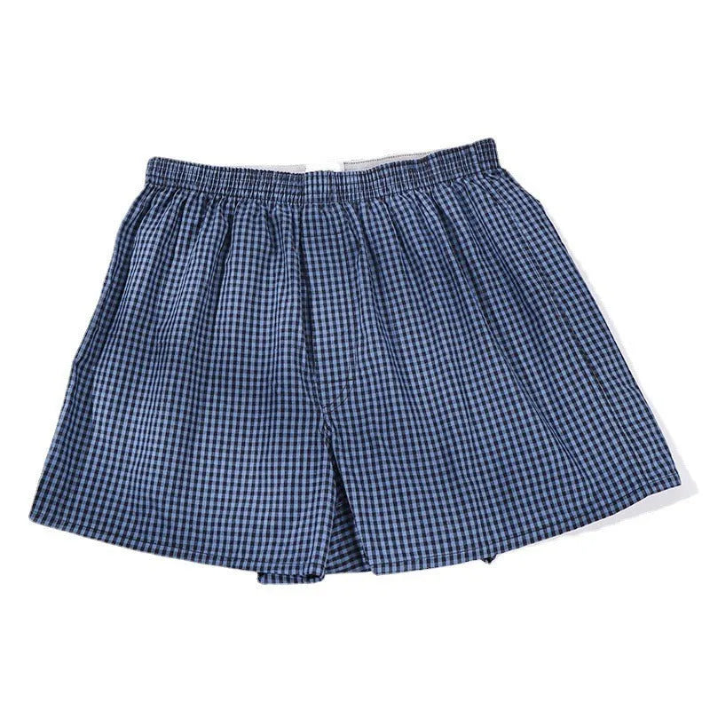 Men's cotton loose boxer shorts plus size mid waist breathable in blue, black and white plaid, red plaid