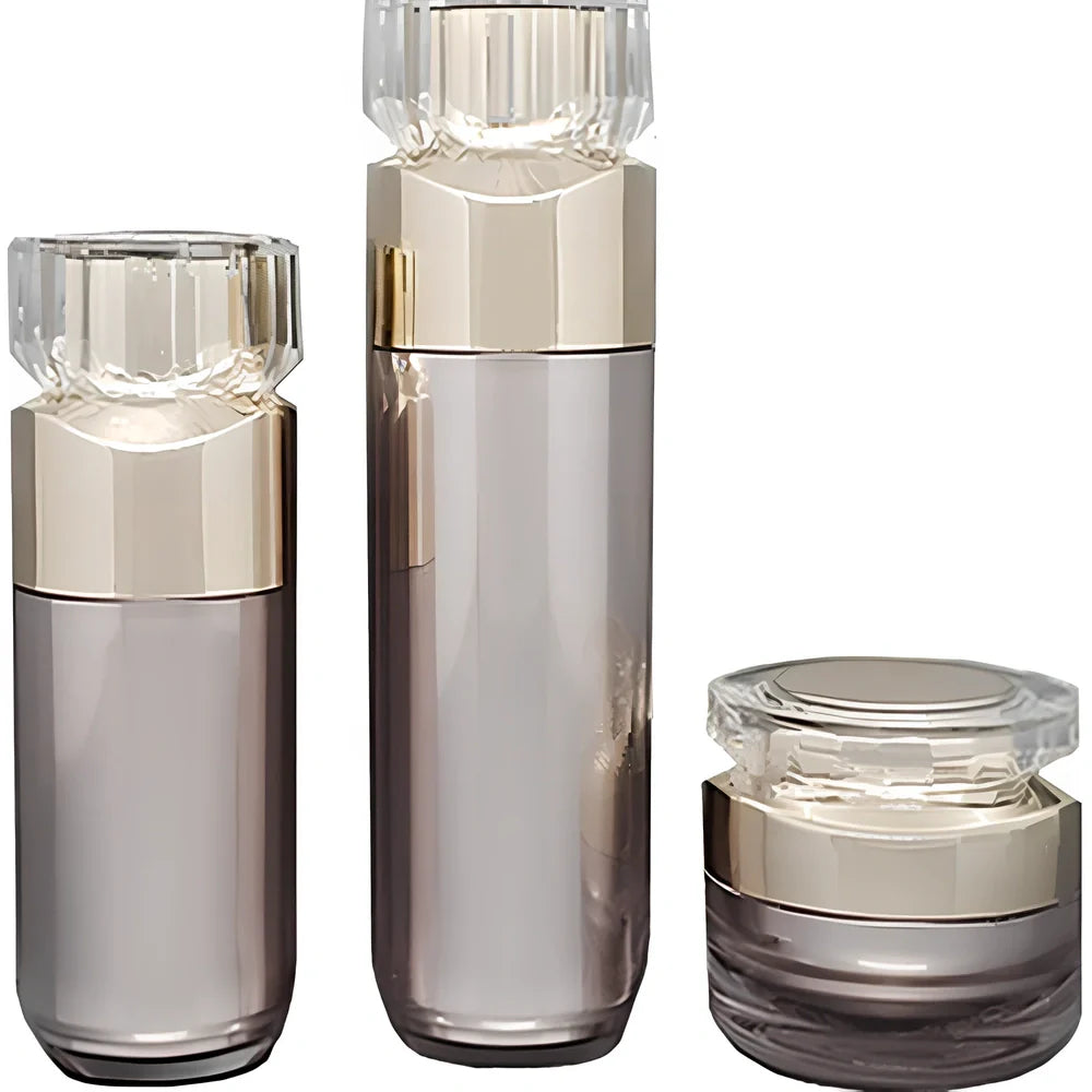Acrylic cosmetics bottles in champagne gold and brushed white with vacuum sealing, various sizes from 5g to 120ml