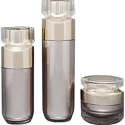 Acrylic cosmetics bottles in champagne gold and brushed white with vacuum sealing, various sizes from 5g to 120ml