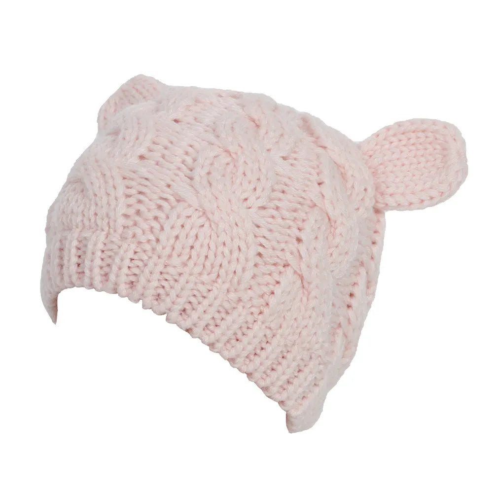 Handmade 3D cat ear knitted beanie in multiple colours showing 25cm width and 22cm height dimensions