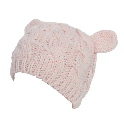 Handmade 3D cat ear knitted beanie in multiple colours showing 25cm width and 22cm height dimensions
