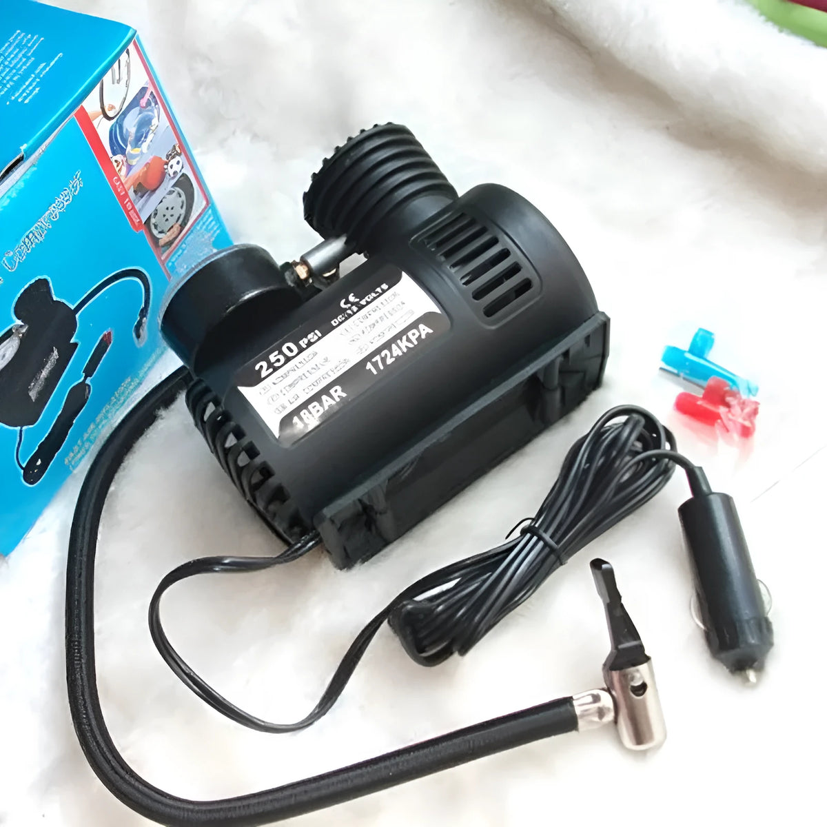 Black 12V mini car air pump with compact plastic housing for portable tyre inflation