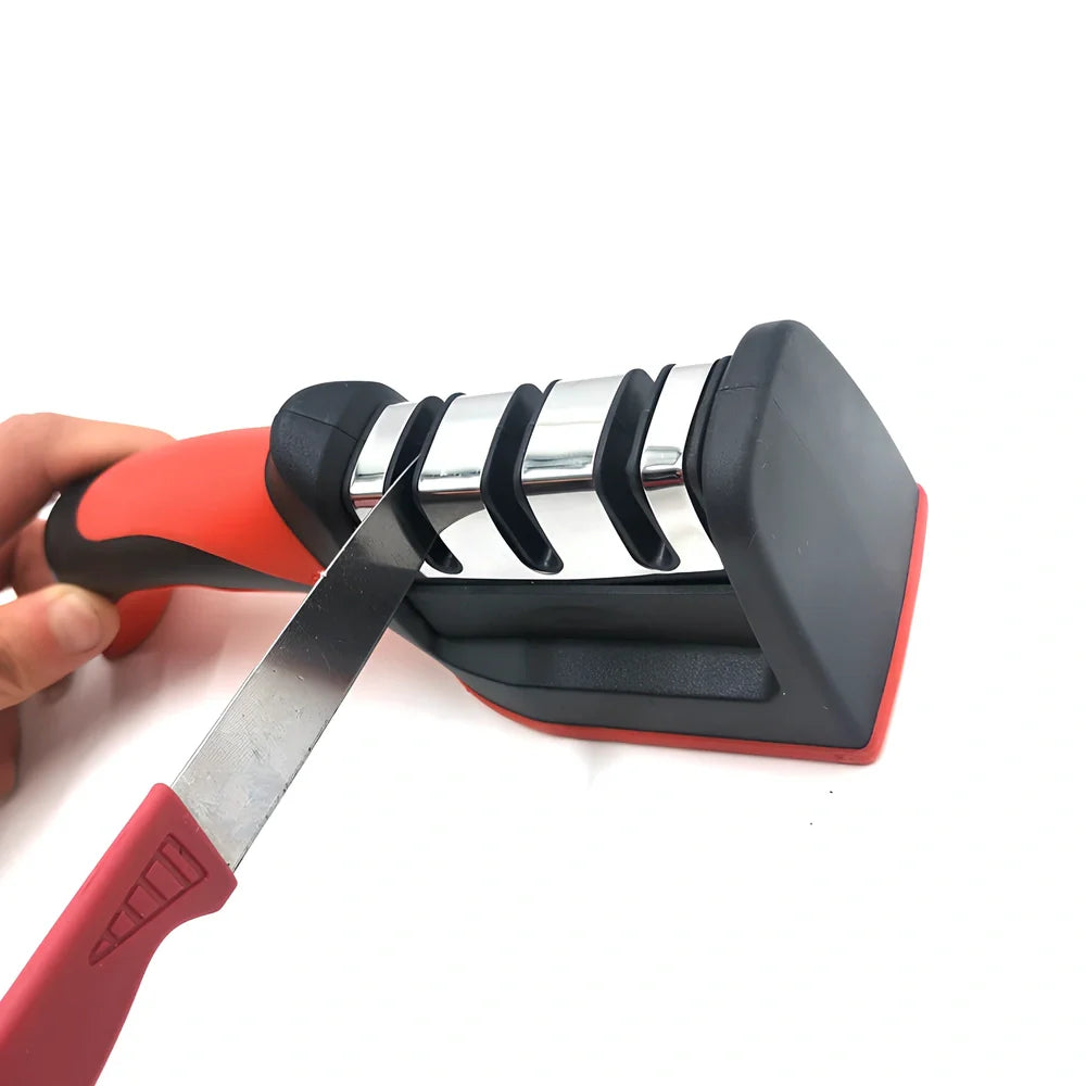 White plastic kitchen knife sharpener measuring 15cm long with special stone sharpening element