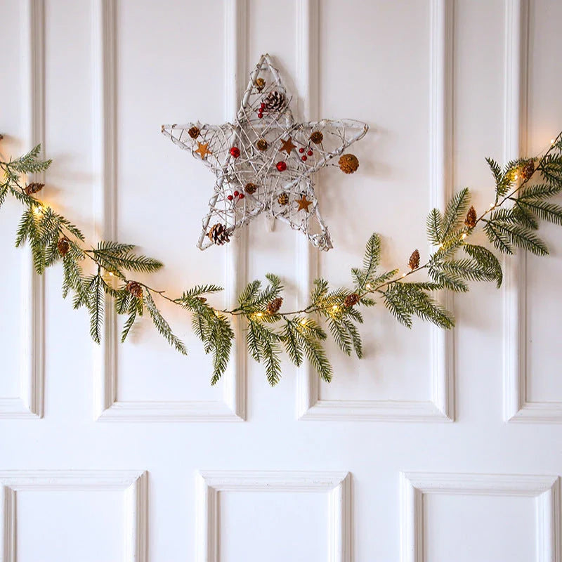 Festive rattan wall lights with LED pine needle-style lights for holiday decoration