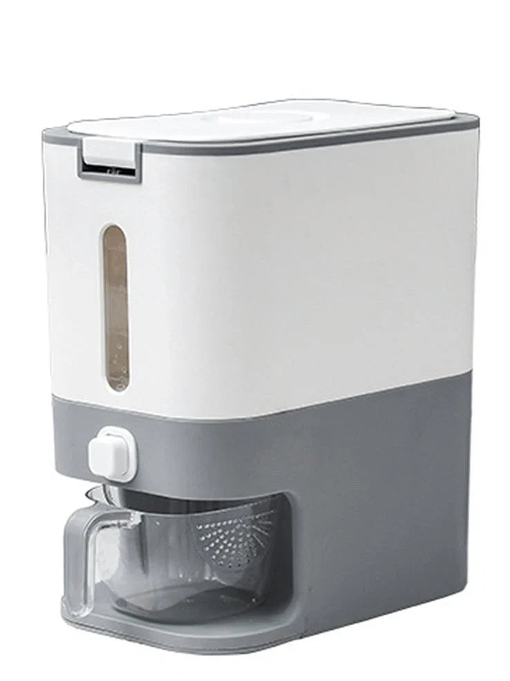Blue automatic rice bucket with measurement scale and transparent window showing rice inside