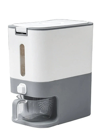 Blue automatic rice bucket with measurement scale and transparent window showing rice inside