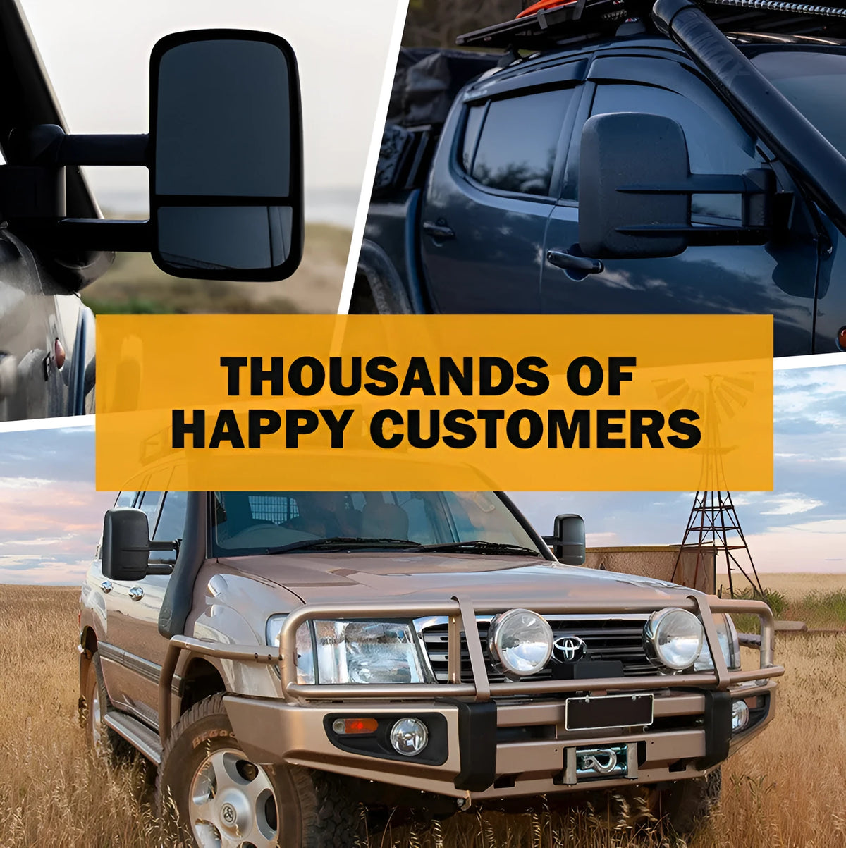 Black foldable rearview mirror trailer kit for Toyota Land Cruiser 100 series vehicles