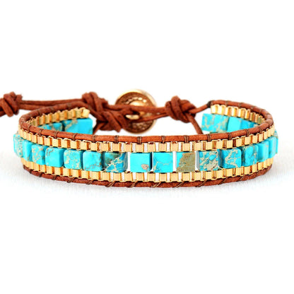 Handcrafted leather bracelet with a geometric pattern, showcasing a versatile and stylish accessory for any occasion.