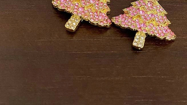 Pink Christmas tree shaped dangle earrings with sparkling zircon accents