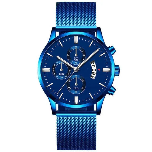 Men's stainless steel mesh band quartz watch showing two-tone colour options on a 4.2cm case.