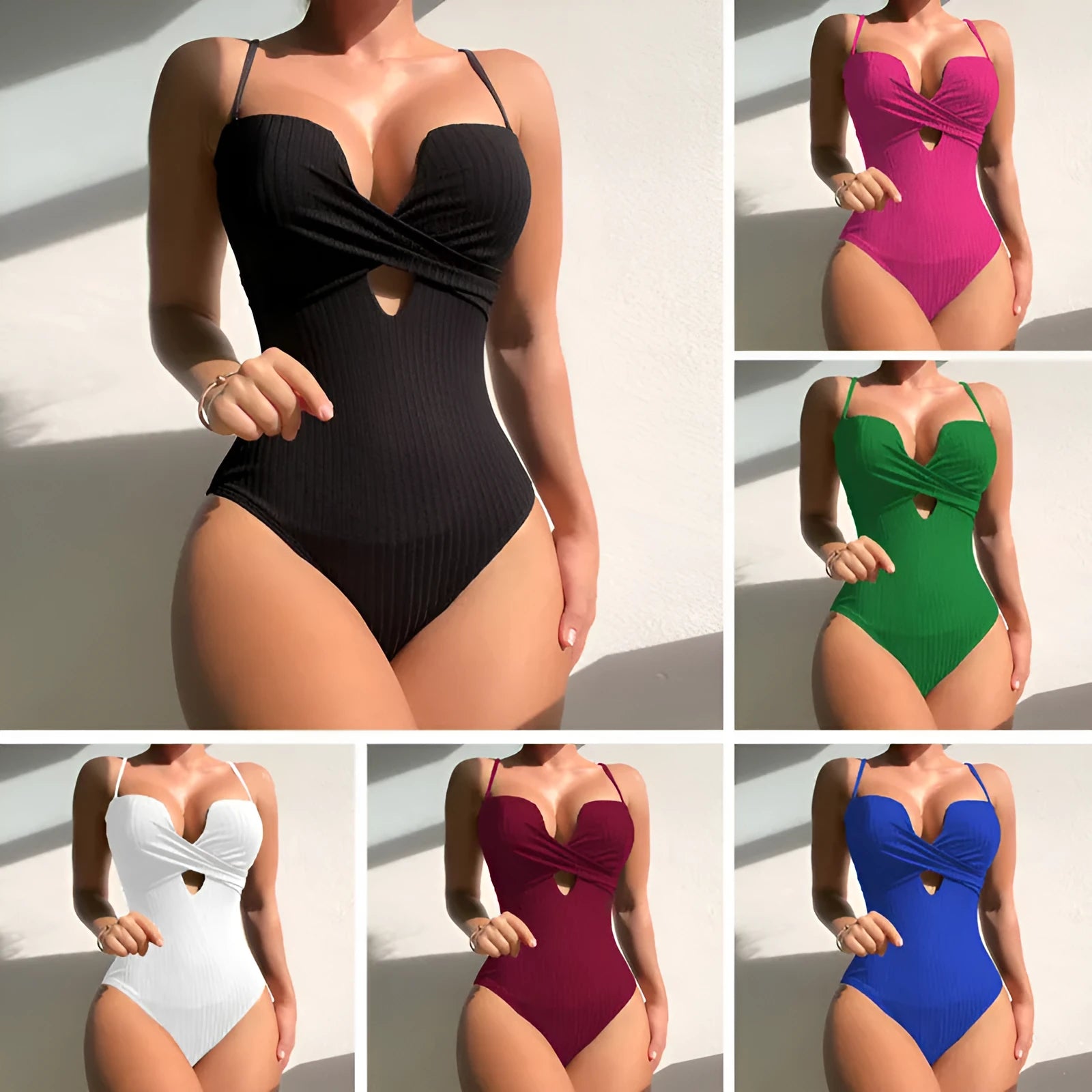 Women's solid colour one-piece swimsuit in polyester fabric showing slim fit design