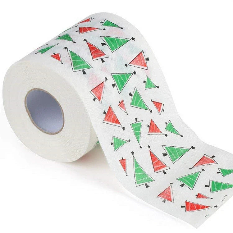 Christmas-themed toilet paper roll with Santa Claus and festive designs