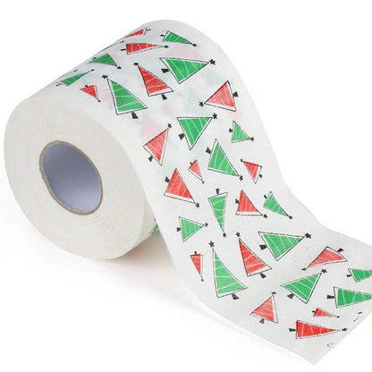 Christmas-themed toilet paper roll with Santa Claus and festive designs