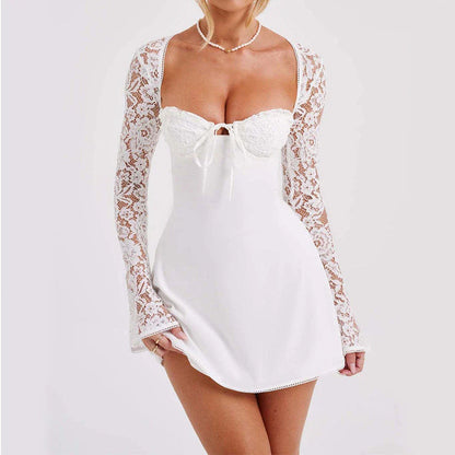 Elegant backless lace-up dress in various colors, featuring long sleeves and a short skirt length