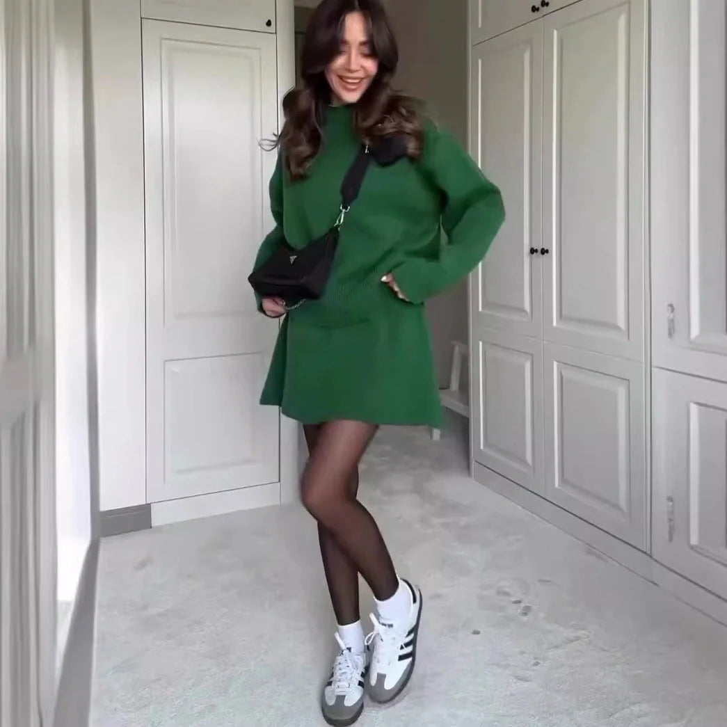 Stylish two-piece knit sweater and mini skirt set for women in a variety of classic colors