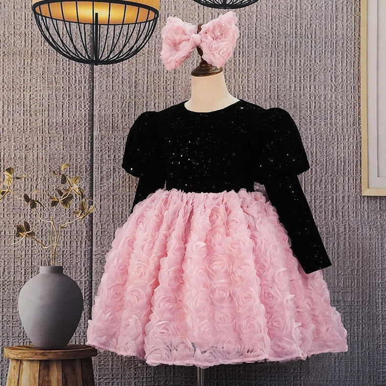 Piano performance dress in princess style with Bohemian elements, available in short and long sleeve versions
