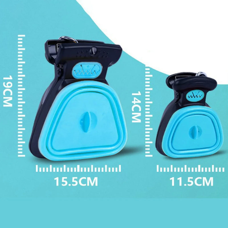 Portable pooper scooper with integrated bag dispenser and container for walking dogs outdoors, lightweight handheld pet waste scoop with carabiner clip and fold-out waste storage compatible with small and large dog sizes in blue, green, grey, or yellow.