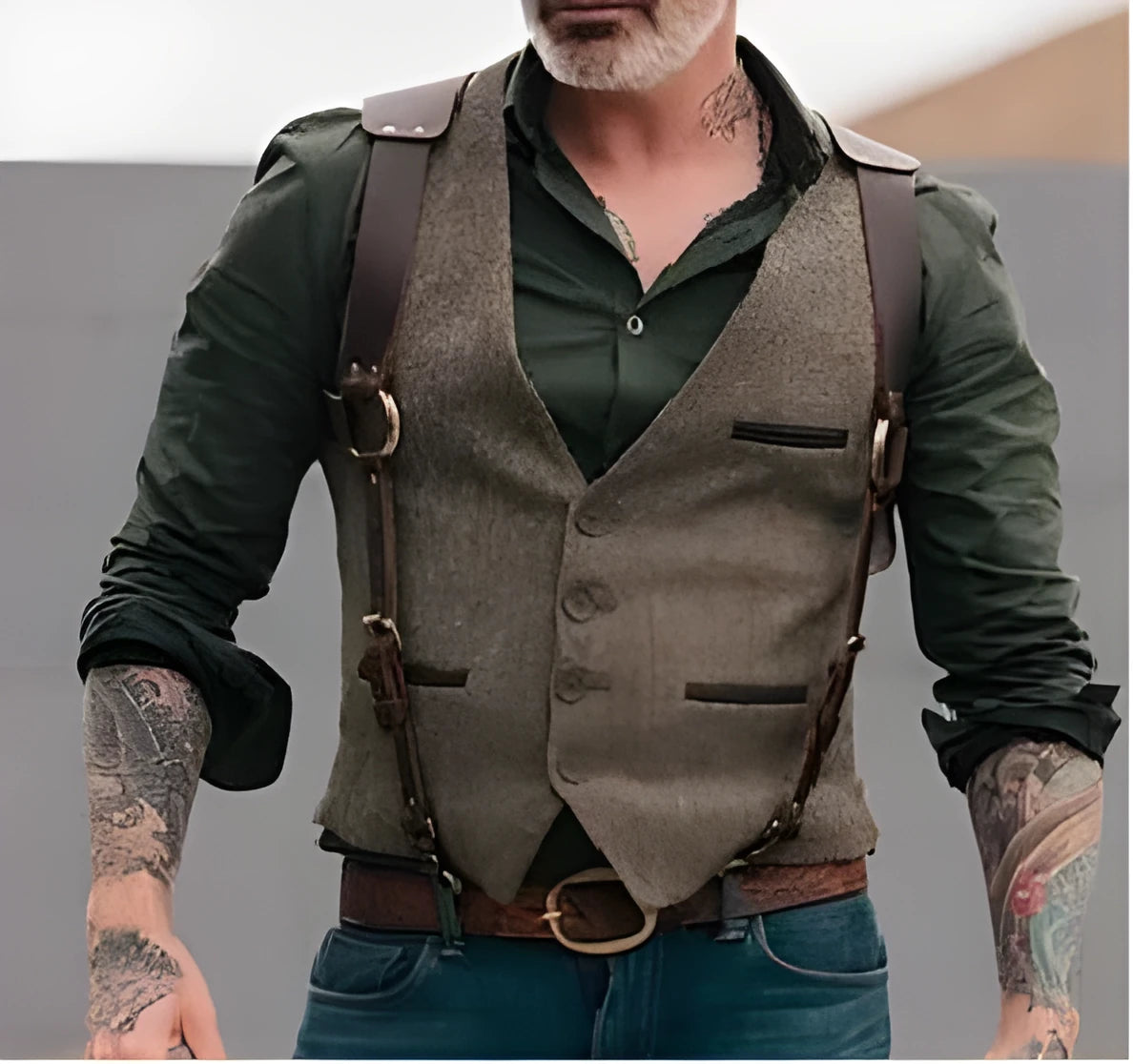 Men's brown sleeveless contrast waistcoat in British style with steampunk and American retro influences, sizes L to XXXL.