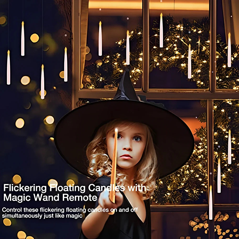 Flameless candles with magic wand remote control showing resin construction and flickering warm light effect