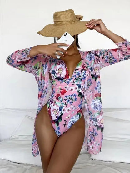 Women's floral print bikini three-piece swimsuit set with matching coat in a selection of colours.