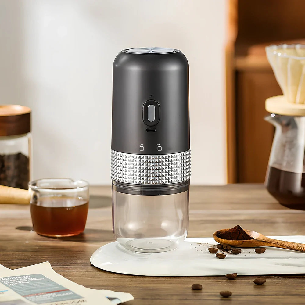 Black electric ceramic coffee grinder with USB port, measuring 18.8x7.5cm