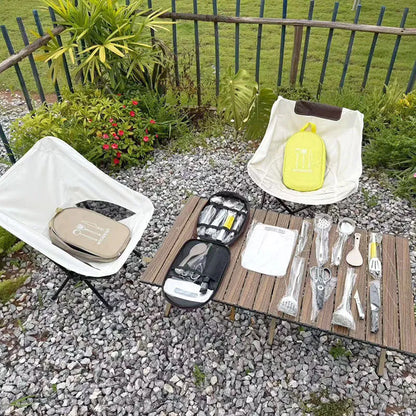 12-piece stainless steel picnic kitchenware set in a storage bag, colour options khaki green brown