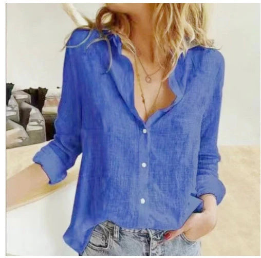 Loose Button Lapel Cardigan Top Long Sleeve Shirt for Women in various colors and sizes