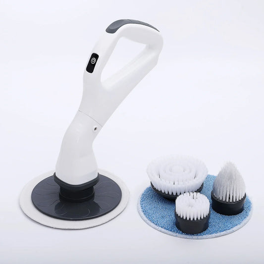 Wireless electric cleaning brush with mop heads, brush attachments, and charger on countertop