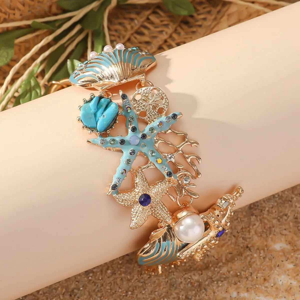 Alloy rhinestone marine bracelet with starfish design in turquoise, coral red, or coral blue for women's holiday wear