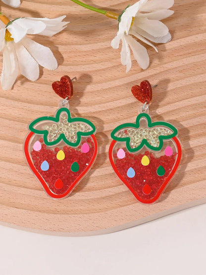 Colourful acrylic earrings with fruit and dessert designs including cherry, strawberry, watermelon, pineapple, coconut, cake and ice cream motifs