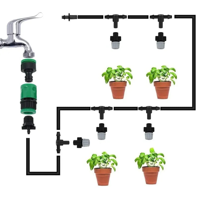 Green 10-metre garden irrigation hose with micro-spray system for water mist cooling
