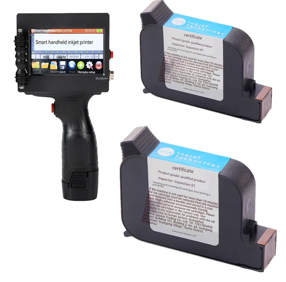 Black handheld code-spraying machine with 4.3-inch touch screen displaying marking interface
