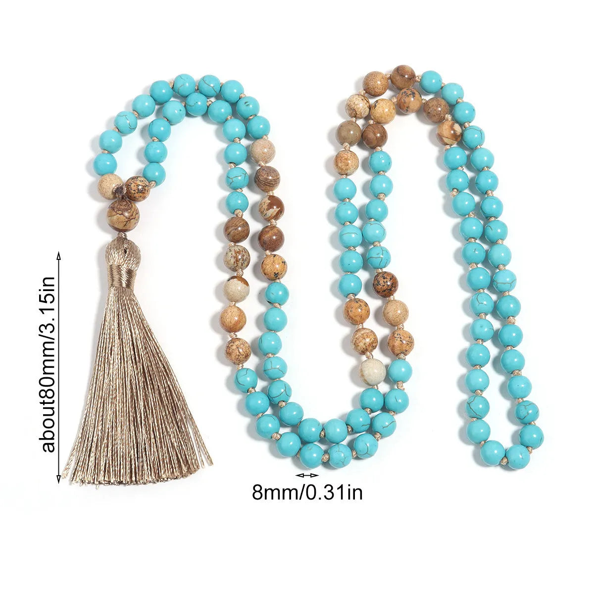 Handmade vintage turquoise painted stone geometric mala necklace with 81cm ball bead chain