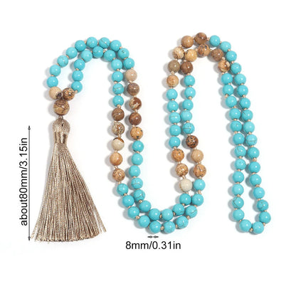 Handmade vintage turquoise painted stone geometric mala necklace with 81cm ball bead chain