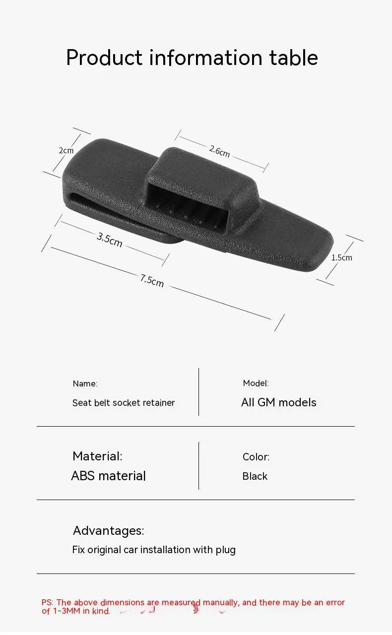 Two black ABS plastic car seat belt stopper clips on a clear OPP bag.