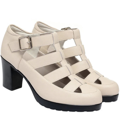 Women's closed toe sandals with chunky heel, woven hollowed pattern and ankle-strap buckle in beige colour