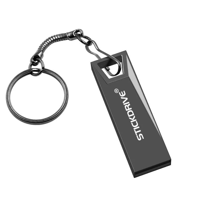 Silver metal USB flash drive with a carabiner keychain clip attached