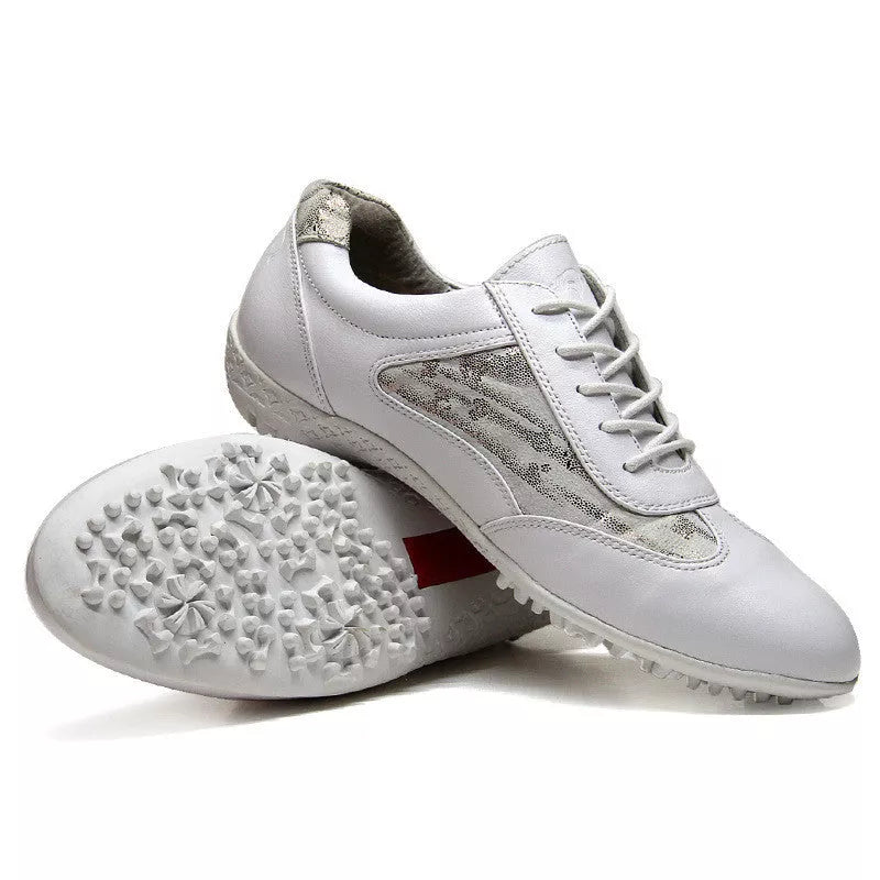 Women's lightweight leather sneakers in white and apricot with waterproof and non-slip features