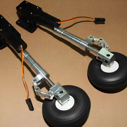 Retractable alloy landing gear for RC plane with shock absorber and large wheel.