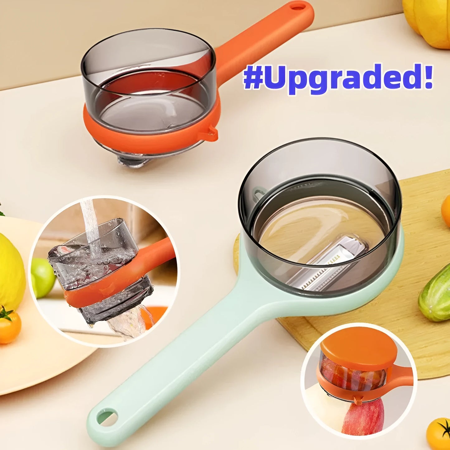 Light green kitchen peeler with an integrated storage bucket for collecting fruit and vegetable peel.