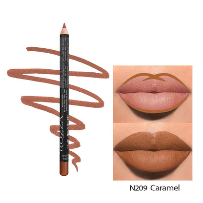 Matte lip liner pencil in wooden casing shown in shade range 201-214 on a white background