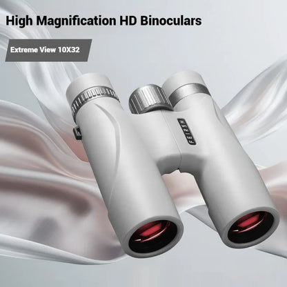 Blue 10x32 binoculars with wine red film imaging showing compact plastic construction