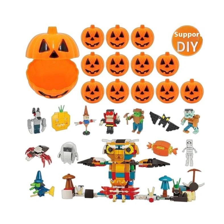 Halloween building blocks set showing six themed designs including handbag and lollipop shapes in colour box packaging