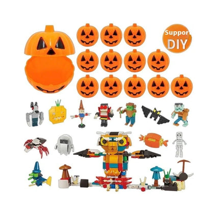 Halloween building blocks set showing six themed designs including handbag and lollipop shapes in colour box packaging