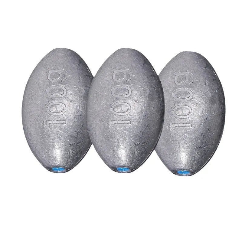 Rugby-shaped lead fishing sinker with scaled texture and plastic core protection for sea fishing