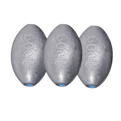 Rugby-shaped lead fishing sinker with scaled texture and plastic core protection for sea fishing