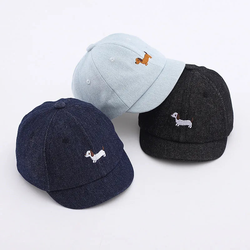 Denim baseball cap for babies with short brim in black, dark blue and light blue colours