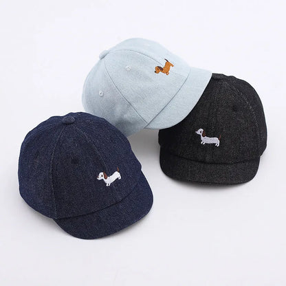 Denim baseball cap for babies with short brim in black, dark blue and light blue colours