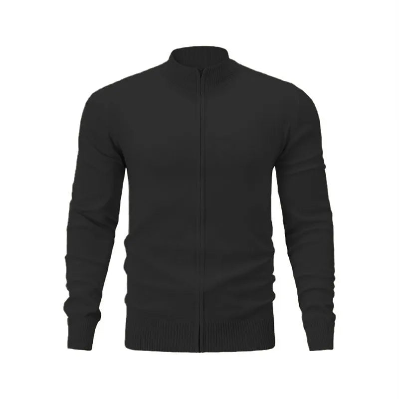 Casual zip-front cotton sweater with a stand collar shown in a solid colour.